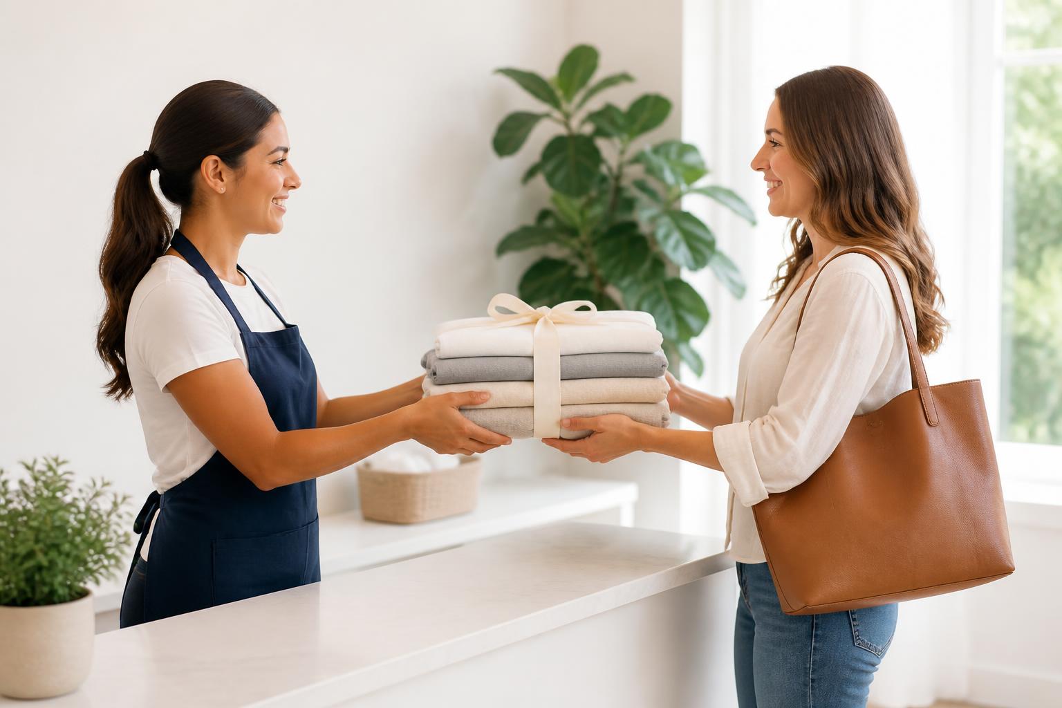 Atendente da eLav entregando roupas embaladas para cliente