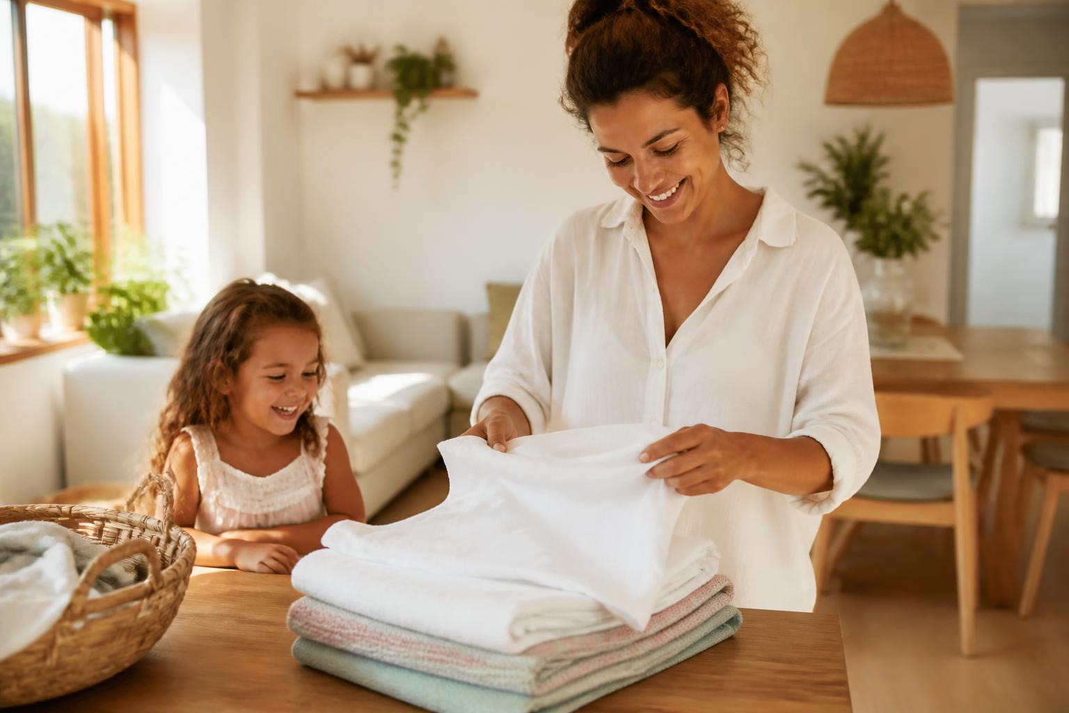 Mãe e filha sorrindo enquanto organizam roupas limpas em casa